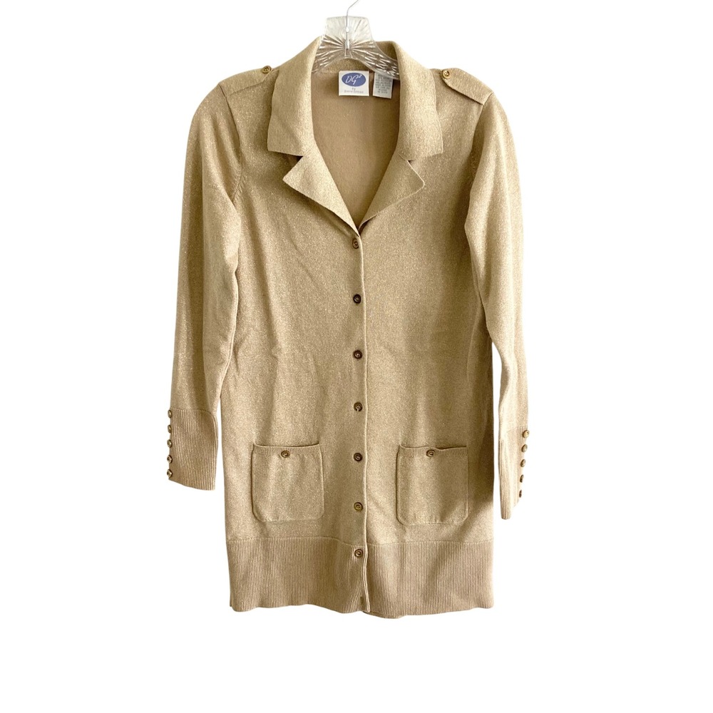 Diane Gilman DG2 Gold Metallic Knit Longline Cardigan Sweater Small Epaulettes